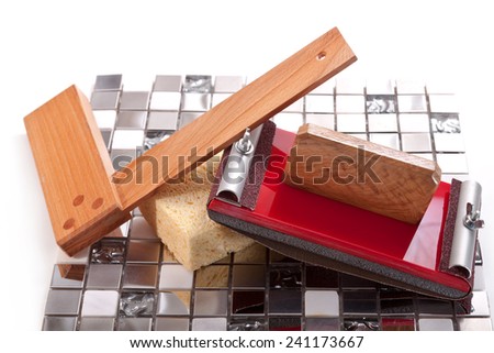 Mosaic tiles consisting of stone, glass and aluminum, square, sponge, a device for grinding walls