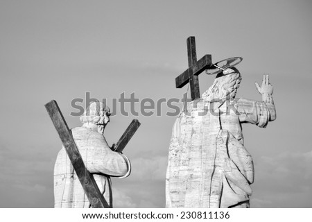 Religious statue of Saint Peter, black and white