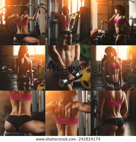 Collage of different photos of a young woman bodybuilder in the gym