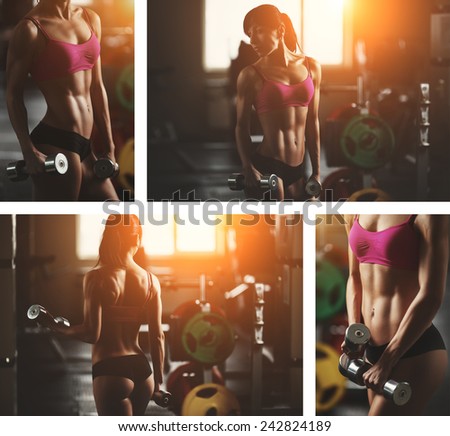 Collage of different photos of a young woman bodybuilder in the gym