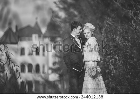 Black and white photo. Beautiful young couple bride and groom, the European appearance, walking outdoors in the sunshine on a white background old castle