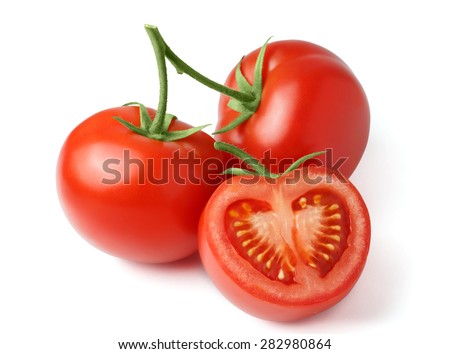 Fresh tomatoes on a green stem and cut a slice isolated on white background. Close-up, side view