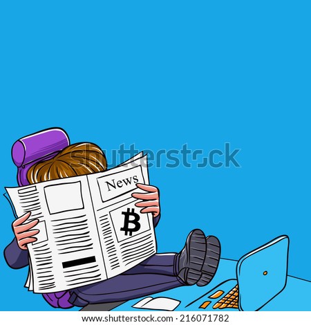 Illustration of a man reading the morning Bitcoin news next to his laptop