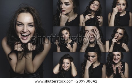 Collage. Mosaic. Happy girl excited. Young woman smiling very happy surprised holding head being amazed on grey background. Funky young Caucasian female model joyful on grey background.