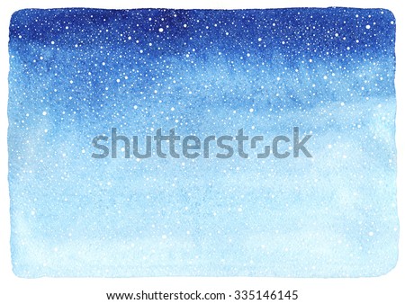 Winter watercolor horizontal gradient background with falling snow splash texture. Christmas, New Year hand drawn template with uneven edges. Shades of blue watercolour stains.