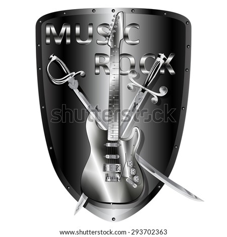 Raster version iron electric guitar with a saber and a sword in the background metal shield and the words music rock in monochrome
