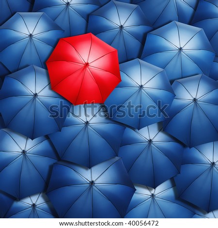 Lonely red umbrella over blue umbrellas. Light coming out of umbrellas.