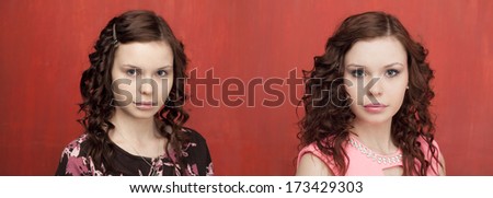 Makeup Before and after the retouch posing on red background