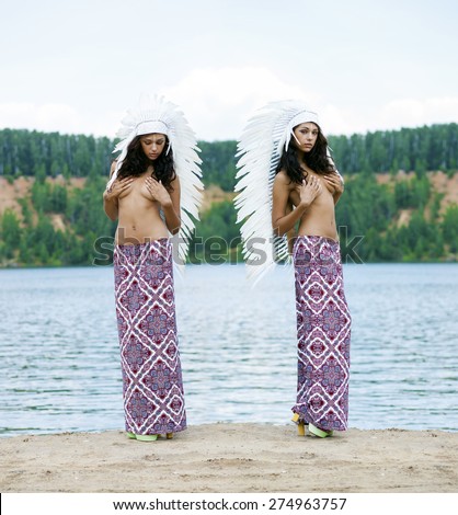 Collage, Two Young women in costume of American Indian waist-deep in the river