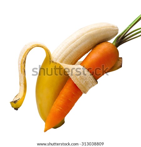 Duet bananas and carrots. Isolated on white background