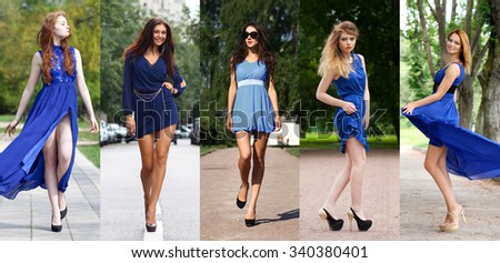 Collage of five beautiful models in a blue dress