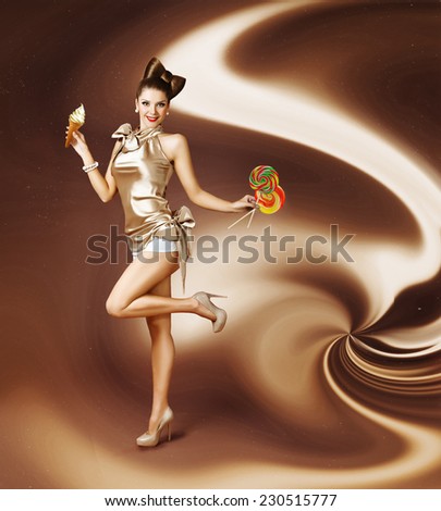Pin-up girl holding an ice cream and sweetmeats against the background of chocolate.candy, lollipops, sweet-stuff.classical pin-up pose.\
comfits, sweetmeats, tutti-frutti