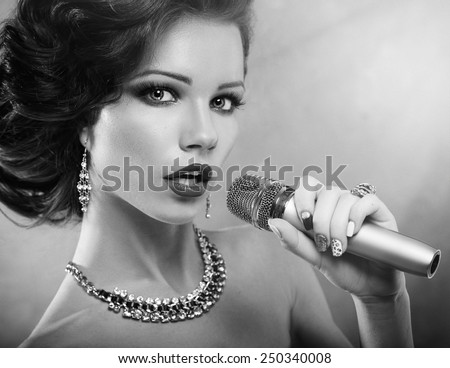vintage Singer Girl Portrait.Singing Woman with Microphone. Vintage Style. Karaoke Song