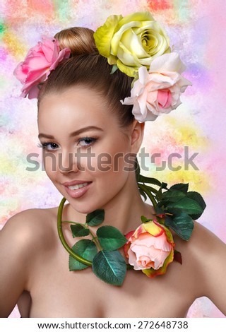 Beauty Model Girl with Rose Flowers Hair. Make up and Hair Style. Hairstyle. Nude makeup. Bouquet of Beautiful Flowers on lady\'s head.