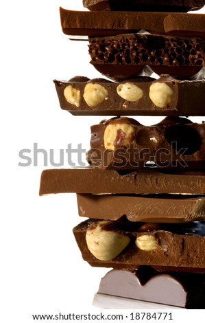 four kind of chocolate tower on white background