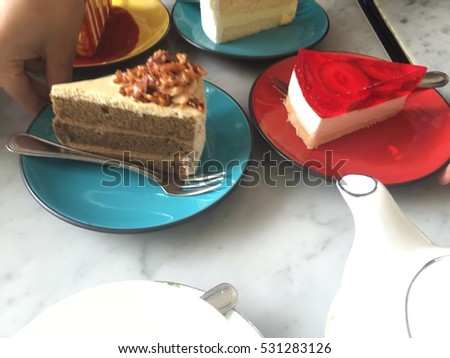 Coffee cake and jelly cake for afternoon tea at a restaurant in Bangkok