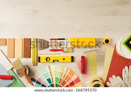 Decorating and DIY hobby tools and color swatches with copy space on top, top view