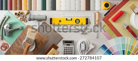 Do it yourself, home renovation and construction concept with DIY tools, hardware and swatches on wooden table, top view