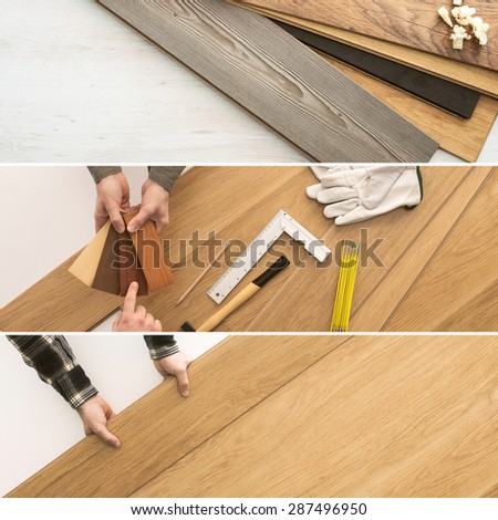 Carpenter installing wooden flooring  planks, home renovation and improvement concepts banners set