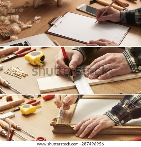Do it yourself and home improvement concept collage with carpenter drafting a project and working with tools and wood