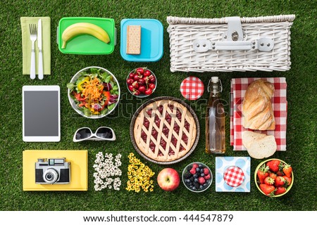 Summertime picnic on the grass with basket, salad, fruit and accessories, flat lay