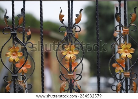Forge Detail / Part of a wrought iron fence with yellow flowers