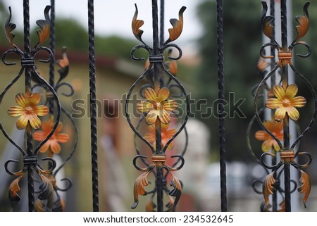 Forge Detail / Part of a wrought iron fence with yellow flowers