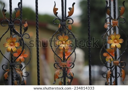Forge Detail / Part of a wrought iron fence with yellow flowers / design iron gate details