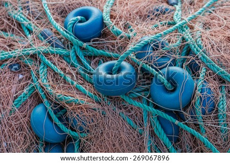 Fishing nets closeup. Background of fishing nets and floats.