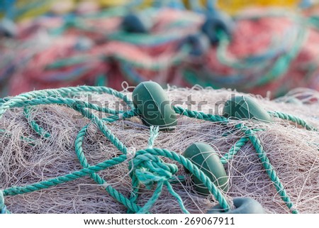 Fishing nets closeup. Background of fishing nets and floats.