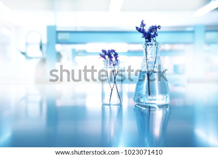 purple flower with glass flask and vial in biological cosmetic health science blue laboratory background