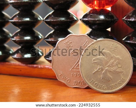 Hong Kong money coin dollar and Chinese abacus