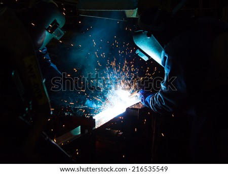 Team work is welding skills up. (Manufacturing of car).
