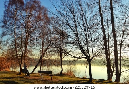 A person sitting on a bench by the edge of a lake with trees.
