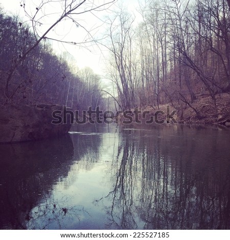 A still body of water in the middle of the woods with a rock outcropping.