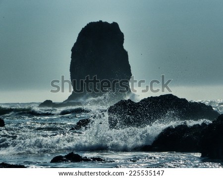 Waves from a body of water crashing into gigantic rocks.