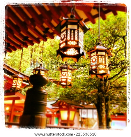 Japanese style lanterns backed by a green tree.