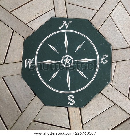 A compass rose design centered on a ceiling of wood planks.