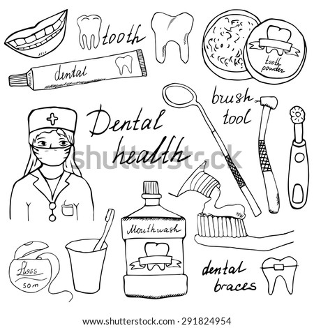 Dental health doodles icons set. Hand drawn sketch with teeth, toothpaste toothbrush dentist mouth wash and floss. vector illustration isolated