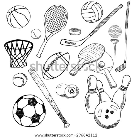 Sport balls Hand drawn sketch set with baseball, bowling, tennis football, golf balls and other sports items. Drawing doodles elements. collection, isolated on white background.