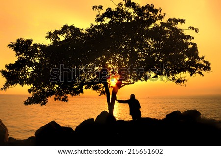 A person stand next to a tree When twilight ( silhouette )