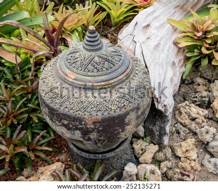 Mini garden decoration by pottery jar, pottery pitcher