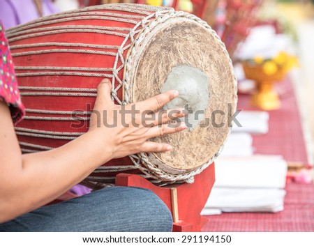 Thai Drum and drummer hand playing music, Traditional  drum made from wood and cow skin.