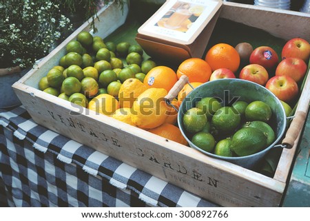 Shelf with fruits in Farmer Market. Toned image.