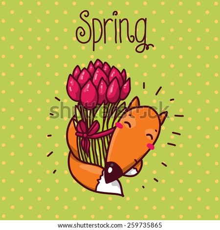 Cute cartoon fox hugging a bouquet of flowers tulips. Spring illustration. For children, adults, art design, posters, and shopping discounts.