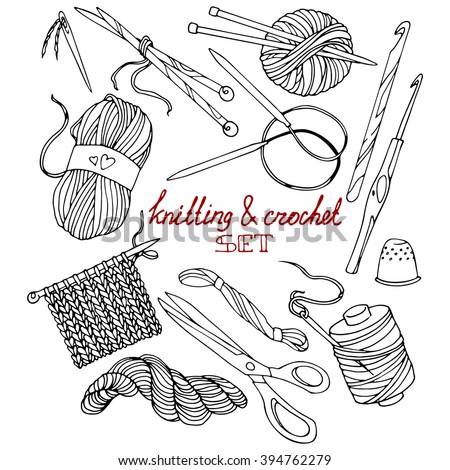 Knitting and crochet, a set of contour drawings, hand-drawn design elements.