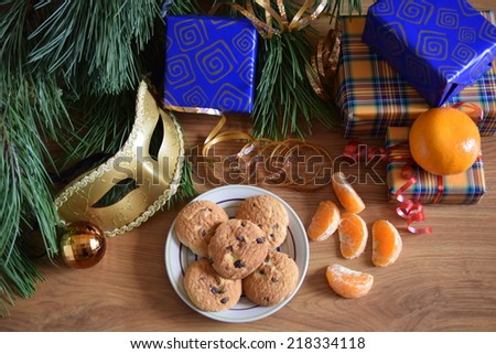 Christmas gifts, mask, cookie with chocolate drops