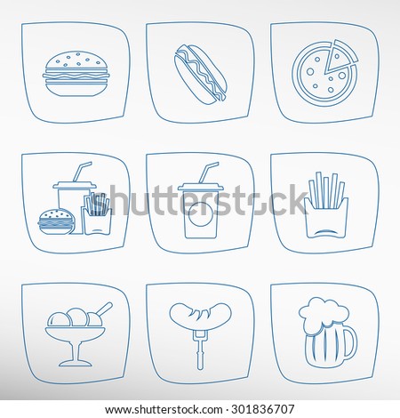 Set of fast food icons (hamburger, pizza, hot dog, sausage, ice cream, soft drink, beer, fried potatoes)