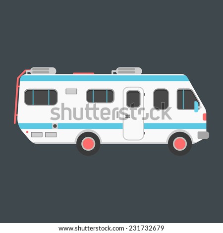 white travel camper van isolated on dark background. concept of outdoor recreation and travel around the world. flat style design trendy modern vector illustration