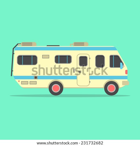 yellow travel camper van isolated on green background. concept of outdoor recreation and travel around the world. flat style design trendy modern vector illustration